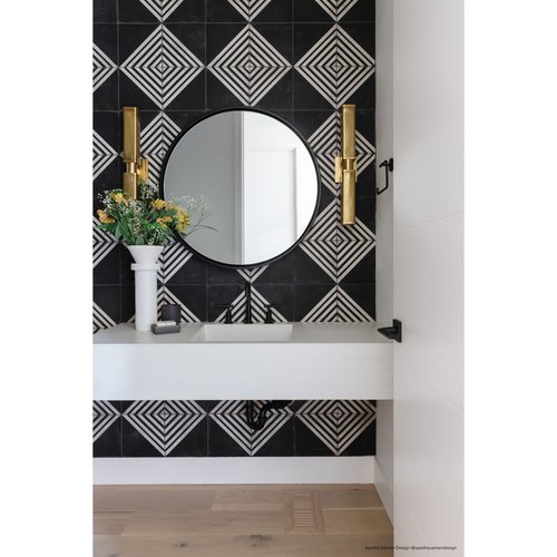 Trendy bathroom with geometric patterned tile wall